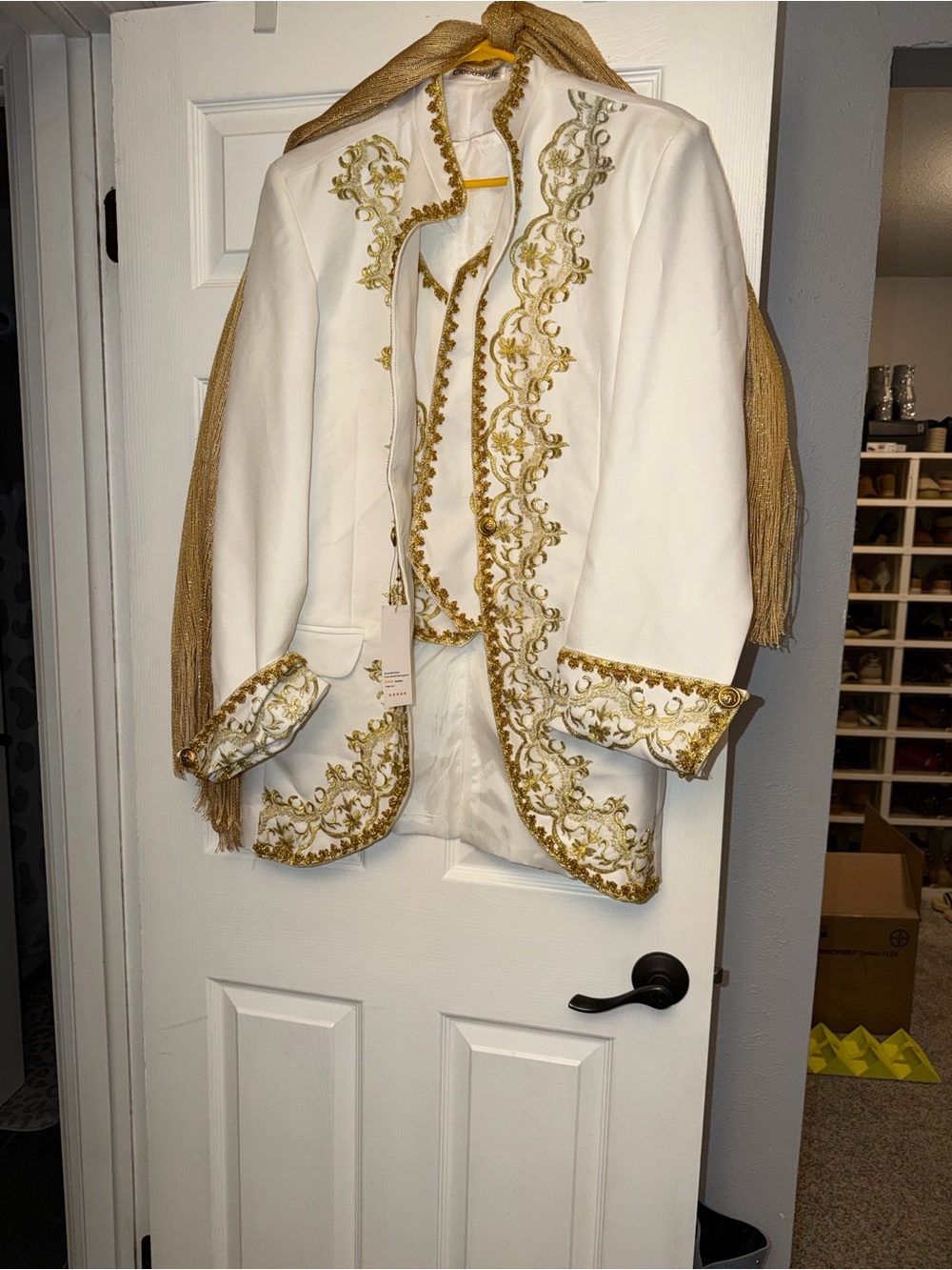 White and Gold Embroidered Men's Formal Suit Jacket and Vest- size Large